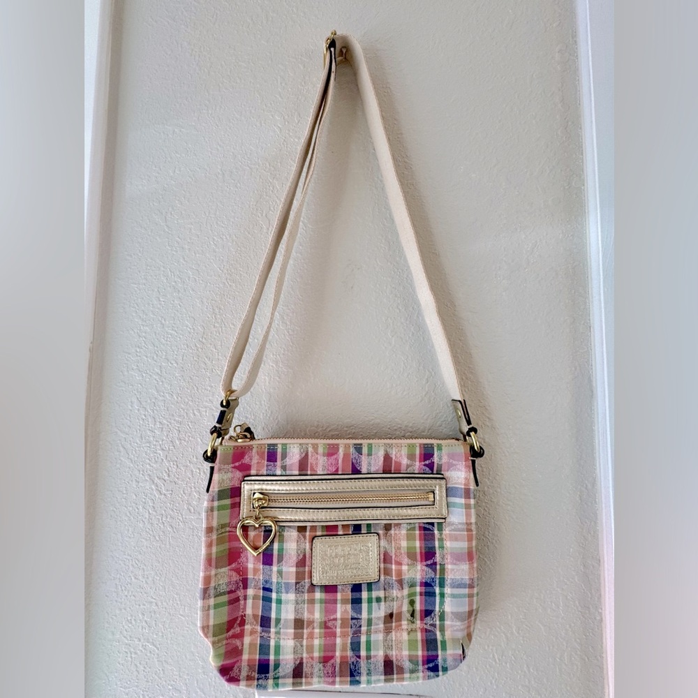 Coach Multicolor Plaid Crossbody Bag with Cream Strap and Gold Hardware